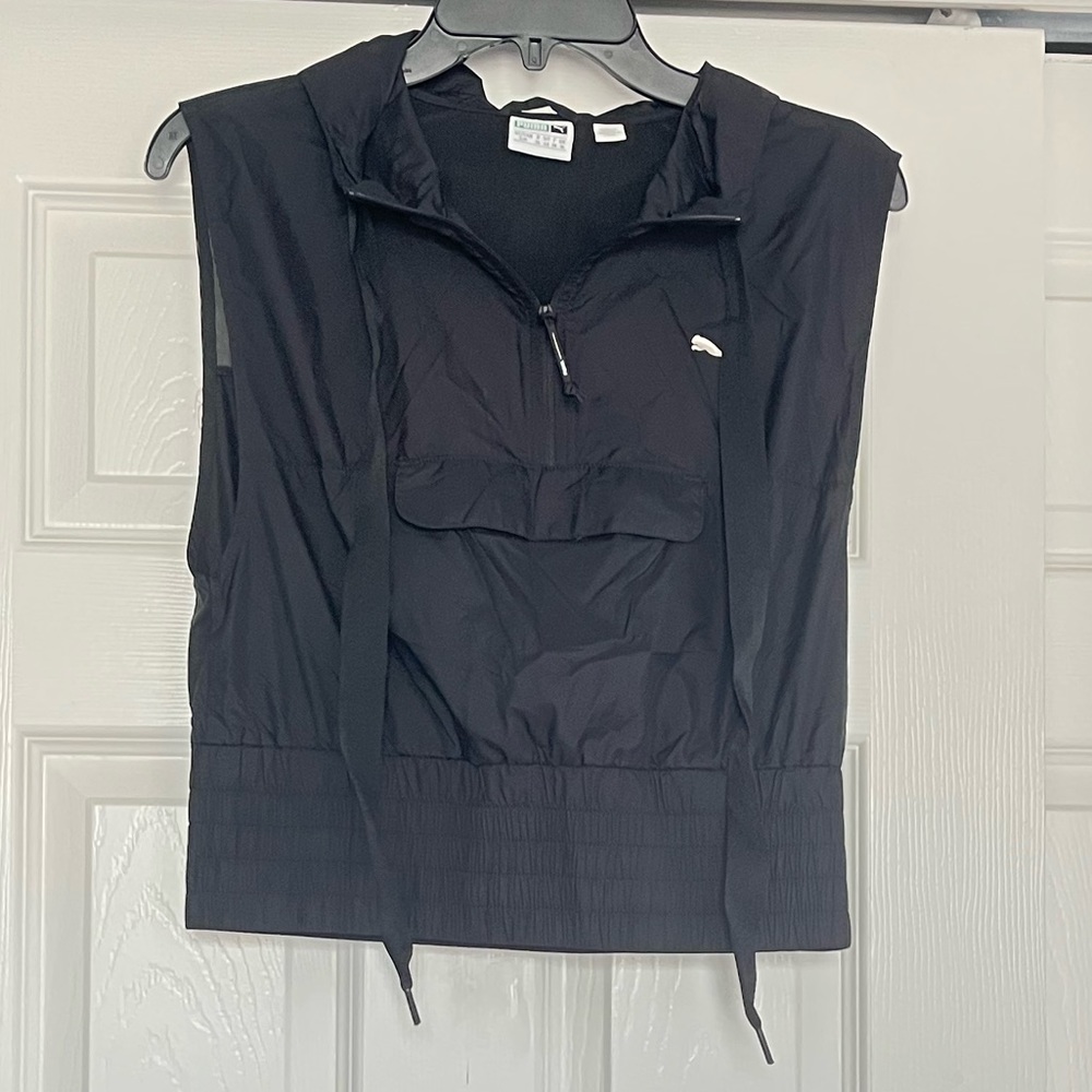🌲PUMA black windbreaker vest hood pocket🌲